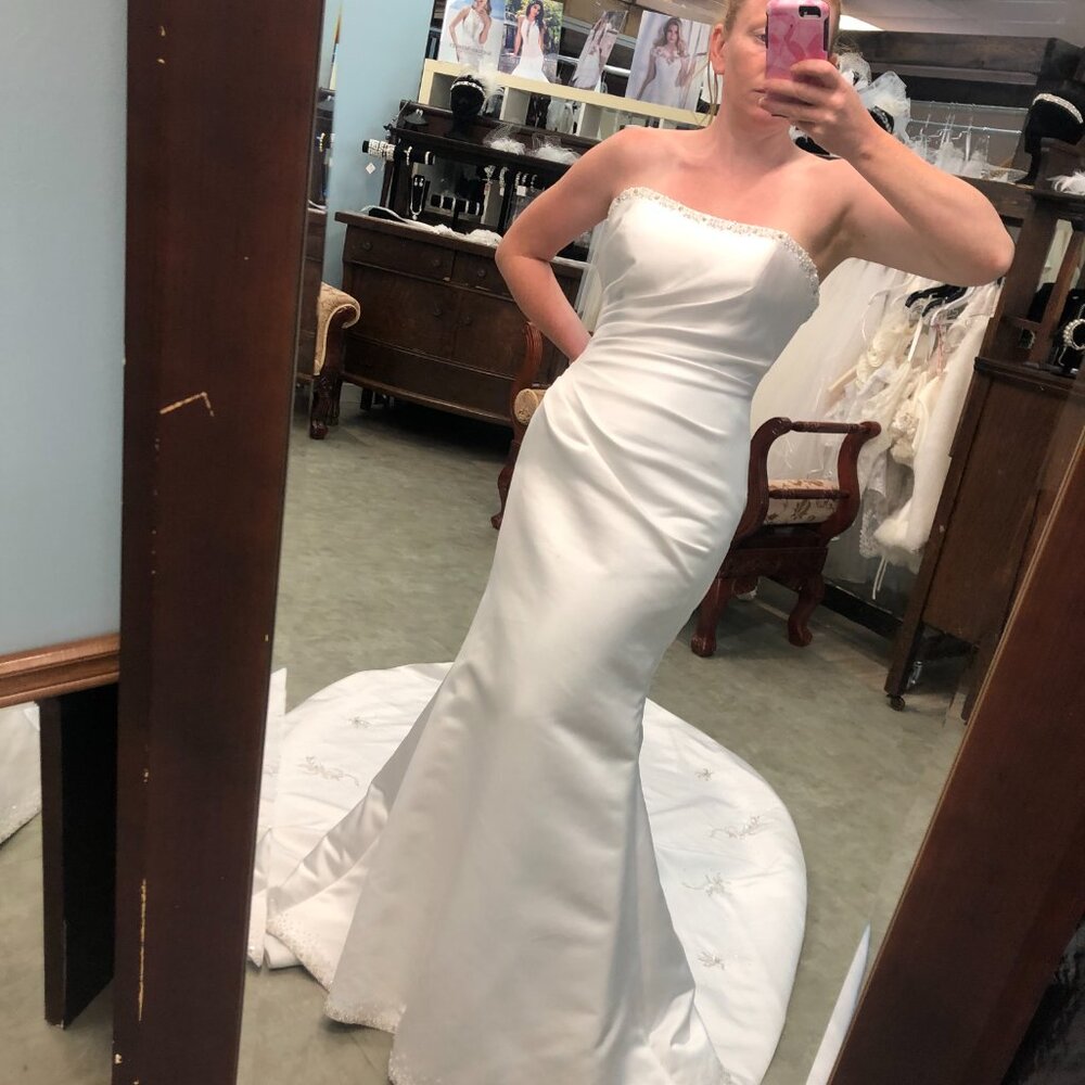 SAMPLE Sexy Satin Fit & Flare, White Mermaid Wedding Dress, Corset BLING Train